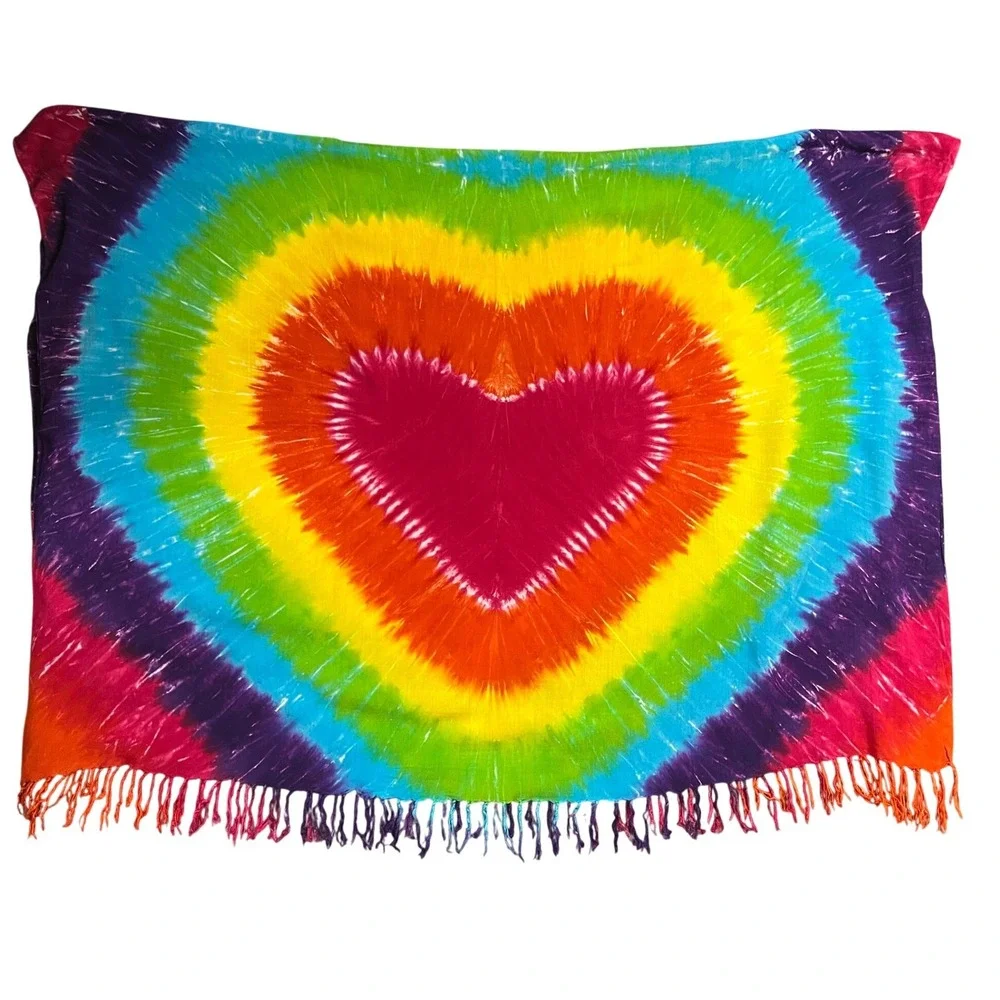 Pareos del Caribe Rainbow Heart Tie Dye Sarong Cover Up Fringe Rayon 46x63 BOHO